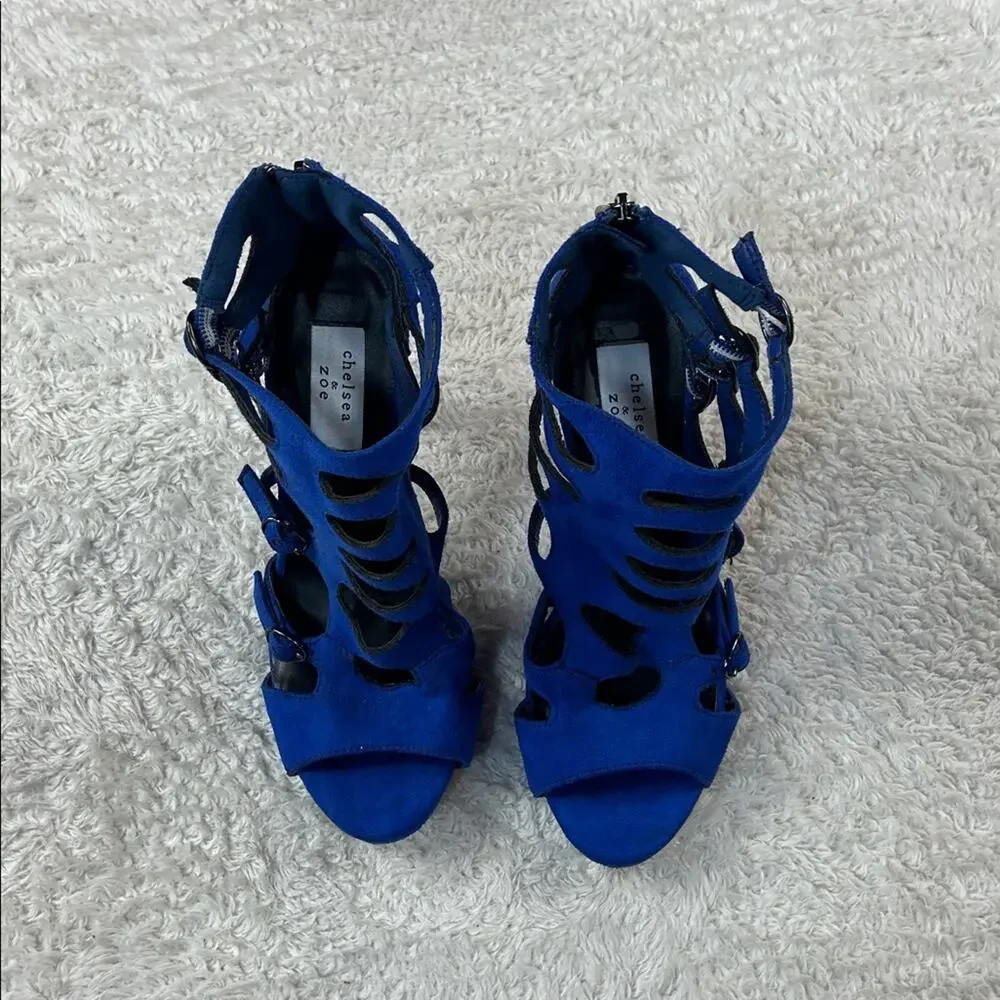 Chelsea and ZOe blue‎ suede peep toe stiletto cage heels, size 8